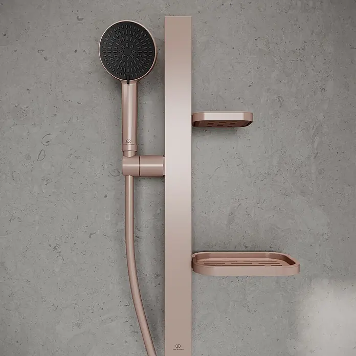 Ideal Standard Brausegarnitur Idealrain BD586 - Lochabstand: 40 cm - 50 cm, Art Strahl: SilkRain, Rain, Rosé - Roségoldenes Duschsystem mit Handbrause, Stange und zwei Ablagen.