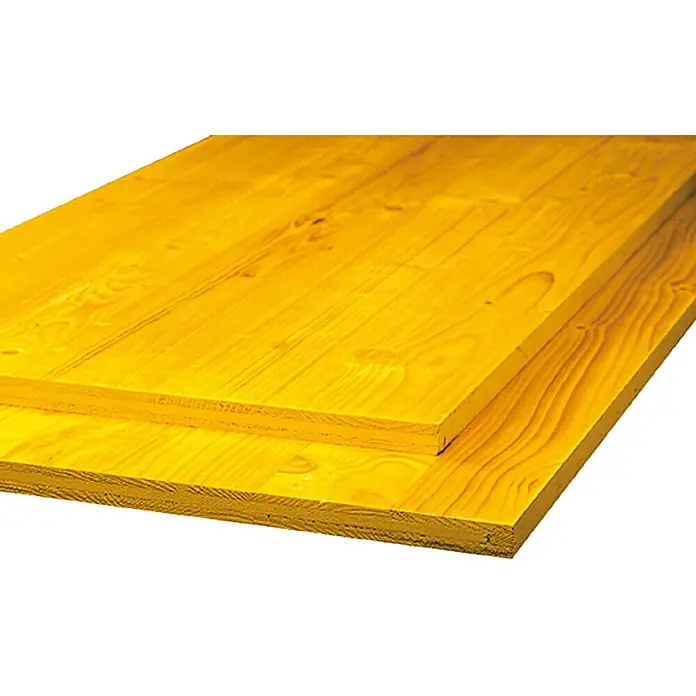 Tablero tricapa - 200 x 50 x 2,7 cm, Abeto rojo, Amarillo - Pilotes de tablones de madera teñidos de amarillo. La madera exhibe un grano distintivo y un color cálido y acogedor, adecuado para proyectos de construcción o decoración.
