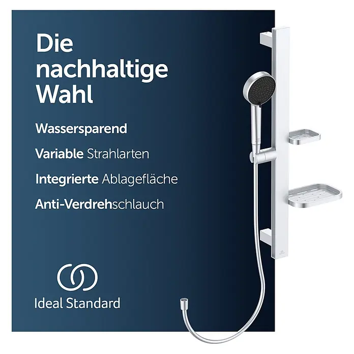 Ideal Standard Brausegarnitur Idealrain BD586 - Lochabstand: 40 cm - 50 cm, Art Strahl: SilkRain, Rain, Silber - Silbernes Duschsystem mit Handbrause, Stange und zwei integrierten Ablageflächen.
