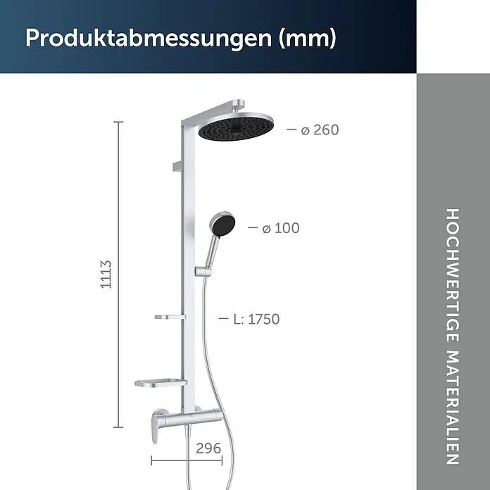 Ideal Standard Alu+ Duschsystem Ceraflow BD584SI - Lochabstand: 60 cm, Anzahl Strahlarten: 2 Stk., Silber, Form Kopfbrause: Rund - Silbernes Duschsystem mit Kopf- und Handbrause sowie Mischer. Technische Zeichnung zeigt Maße wie 1113mm Gesamthöhe, ø260mm Kopf, ø100mm Hand, L 1750mm Schlauch.