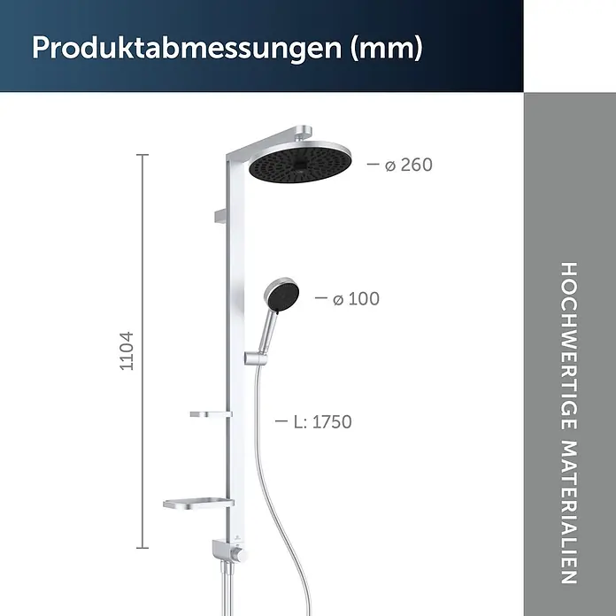Ideal Standard Alu+ Duschsystem BD585 - Lochabstand: 600 mm, Form Kopfbrause: Rund, Silber - Silbernes Duschsystem mit großer Kopfbrause, Handbrause, Schlauch und zwei Ablagen.
