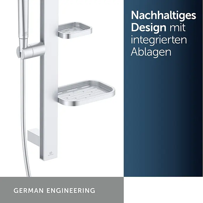Ideal Standard Brausegarnitur Idealrain BD586 - Lochabstand: 40 cm - 50 cm, Art Strahl: SilkRain, Rain, Silber - Silberne Duschstange mit Handbrausehalterung und zwei integrierten rechteckigen Ablagen.