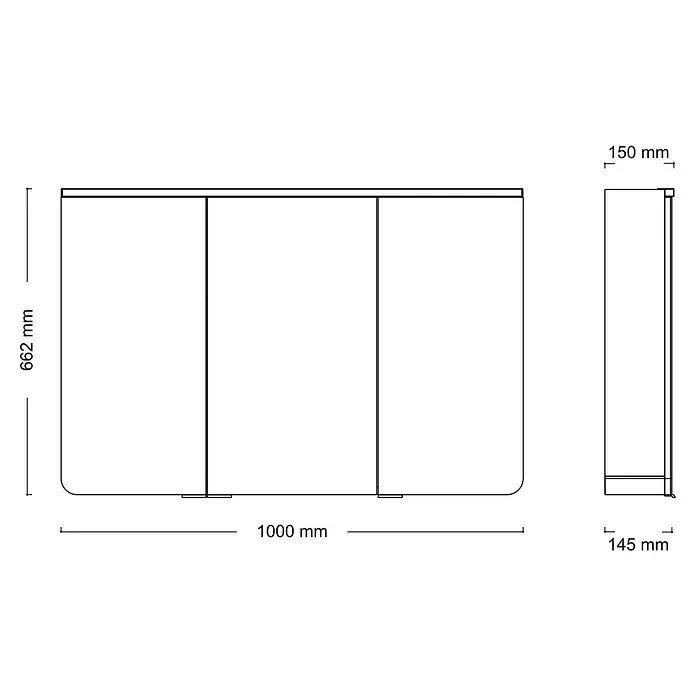 Jokey LED-Spiegelschrank Xanto - B x H: 100 x 66,2 cm, Holz, Weiß - Technische Zeichnung eines dreitürigen Wandschranks, 1000x662x150 mm.