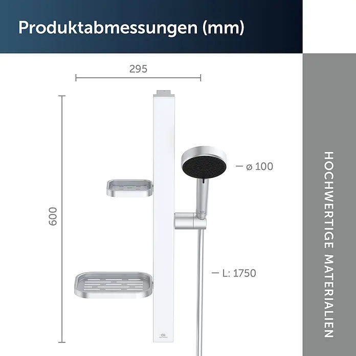 Ideal Standard Brausegarnitur Idealrain BD586 - Lochabstand: 40 cm - 50 cm, Art Strahl: SilkRain, Rain, Silber - Silbernes und weißes Brausestangenset mit Handbrause, Schlauch und zwei Ablagen, Maße sind angezeigt.
