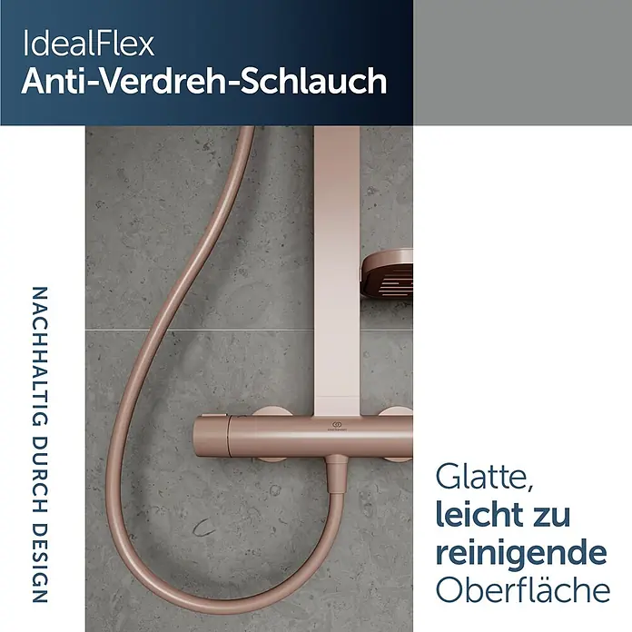 Ideal Standard Alu+ Duschsystem Ceratherm - Anzahl Strahlarten: 2 Stk., Rosé - Roségoldener Anti-Verdreh-Duschschlauch und Mischer, glatt und leicht zu reinigen.