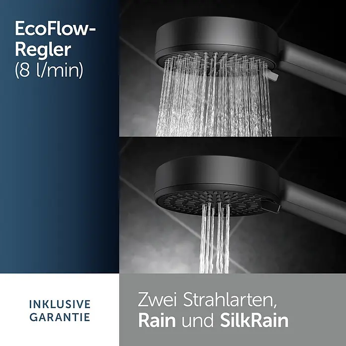 Ideal Standard Brausegarnitur Idealrain BD586 - Lochabstand: 40 cm - 50 cm, Art Strahl: SilkRain, Rain, Schwarz - Schwarze Handbrause zeigt zwei Strahlarten (Rain und SilkRain) und EcoFlow-Regler (8 l/min).
