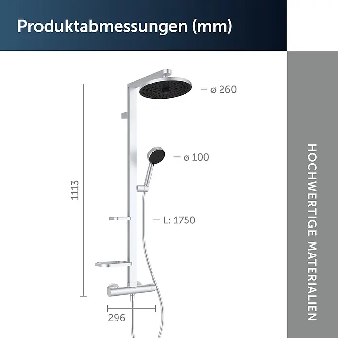 Ideal Standard Alu+ Duschsystem Ceratherm - Anzahl Strahlarten: 2 Stk., Silber - Silbernes Duschsystem mit Kopfbrause, Handbrause und Mischeinheit. Abmessungen sind angegeben.