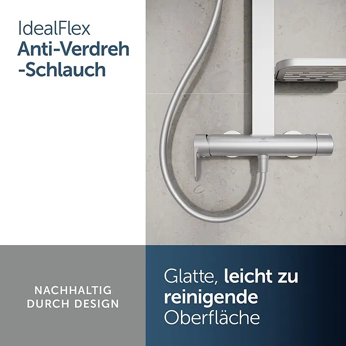 Ideal Standard Alu+ Duschsystem Ceraflow BD584SI - Lochabstand: 60 cm, Anzahl Strahlarten: 2 Stk., Silber, Form Kopfbrause: Rund - Silbernes IdealFlex Duschsystem mit verdrehungsfreiem Schlauch und leicht zu reinigenden Oberflächen.