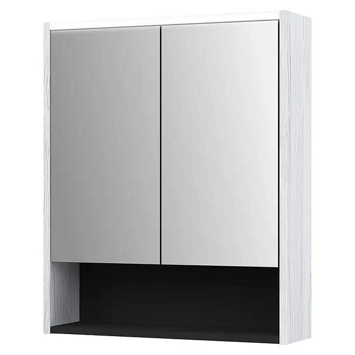 Jokey LED-Spiegelschrank Prent - B x H: 59,3 x 72 cm, Holz, Weiß Vintage - Weißer Badschrank mit zwei Spiegeltüren und offenem schwarzen Regal unten, Holzmaserung.
