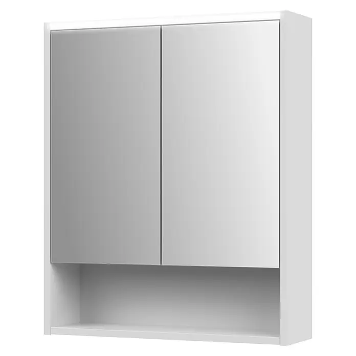 Jokey LED-Spiegelschrank Prent - B x H: 59,3 x 72 cm, Holz, Weiß - Weißer Wandschrank mit zwei Spiegeltüren und einem offenen Regal darunter.