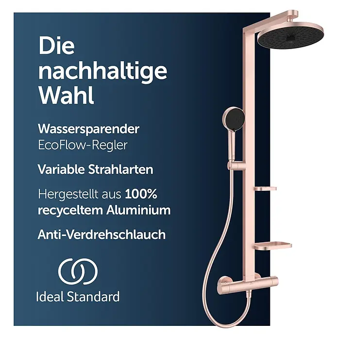 Ideal Standard Alu+ Duschsystem Ceratherm - Anzahl Strahlarten: 2 Stk., Rosé - Roségoldenes Duschsystem mit runder Kopfbrause, Handbrause und integriertem Regal.