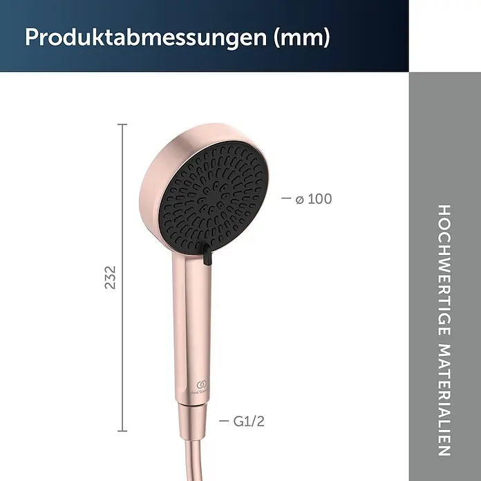 Ideal Standard Alu+ Handbrause Ideal Rain - Durchmesser: 10 cm, Rosé - Roségoldene Handbrause mit Maßen: 232 mm Länge, 100 mm Kopfdurchmesser und G1/2 Anschluss.