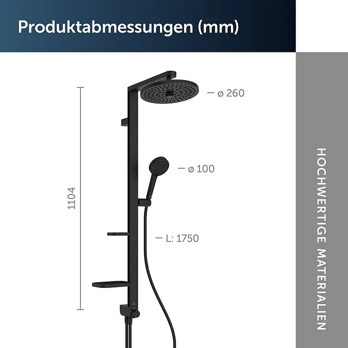 Ideal Standard Alu+ Duschsystem BD585 - Lochabstand: 600 mm, Form Kopfbrause: Rund, Schwarz - Schwarzes Duschsystem mit Kopfbrause (Ø 260mm), Handbrause (Ø 100mm) und Schlauch (L: 1750mm), Gesamthöhe 1104mm.