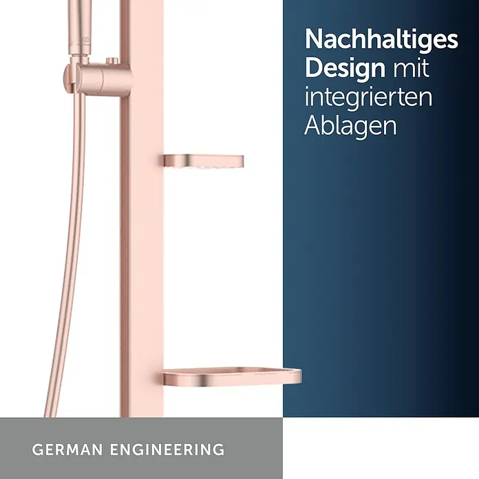 Ideal Standard Alu+ Duschsystem BD585 - Lochabstand: 600 mm, Form Kopfbrause: Rund, Rosé - Roségoldenes Duschsystem mit integrierten Ablagen.
