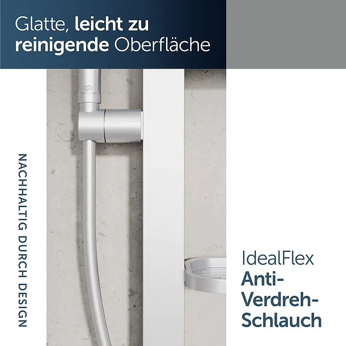 Ideal Standard Brausegarnitur Idealrain BD586 - Lochabstand: 40 cm - 50 cm, Art Strahl: SilkRain, Rain, Silber - Silbernes Brausesystem mit drehfestem Schlauch und glatten Oberflächen.
