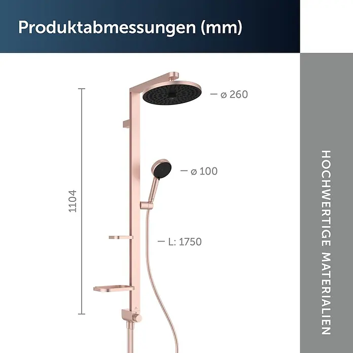 Ideal Standard Alu+ Duschsystem BD585 - Lochabstand: 600 mm, Form Kopfbrause: Rund, Rosé - Roségoldenes Duschsystem mit großer Kopf- und Handbrause. Produktabmessungen in mm sind abgebildet.