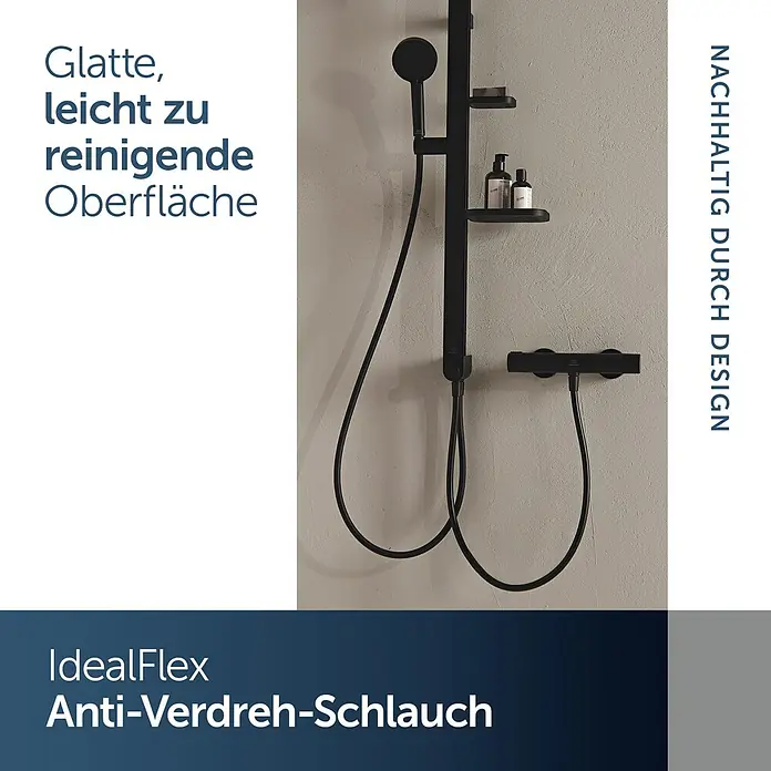 Ideal Standard Alu+ Duschsystem BD585 - Lochabstand: 600 mm, Form Kopfbrause: Rund, Schwarz - Mattschwarzes Duschsystem mit Handbrause, verdrehsicherem Schlauch und Mischer.
