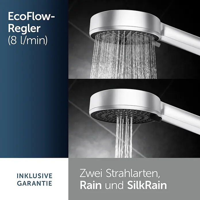 Ideal Standard Brausegarnitur Idealrain BD586 - Lochabstand: 40 cm - 50 cm, Art Strahl: SilkRain, Rain, Silber - Weißer EcoFlow Duschkopf mit zwei Strahlarten: Rain und SilkRain.
