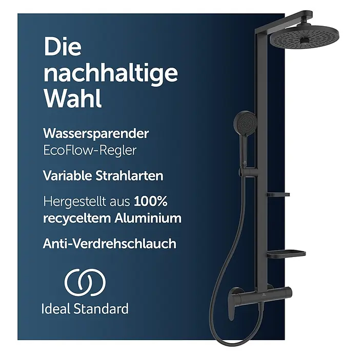 Ideal Standard Alu+ Duschsystem Ceraflow BD584XG - Lochabstand: 60 cm, Anzahl Strahlarten: 2 Stk., Schwarz, Form Kopfbrause: Rund - Schwarzes Duschsystem mit Kopf- und Handbrause, aus recyceltem Aluminium.