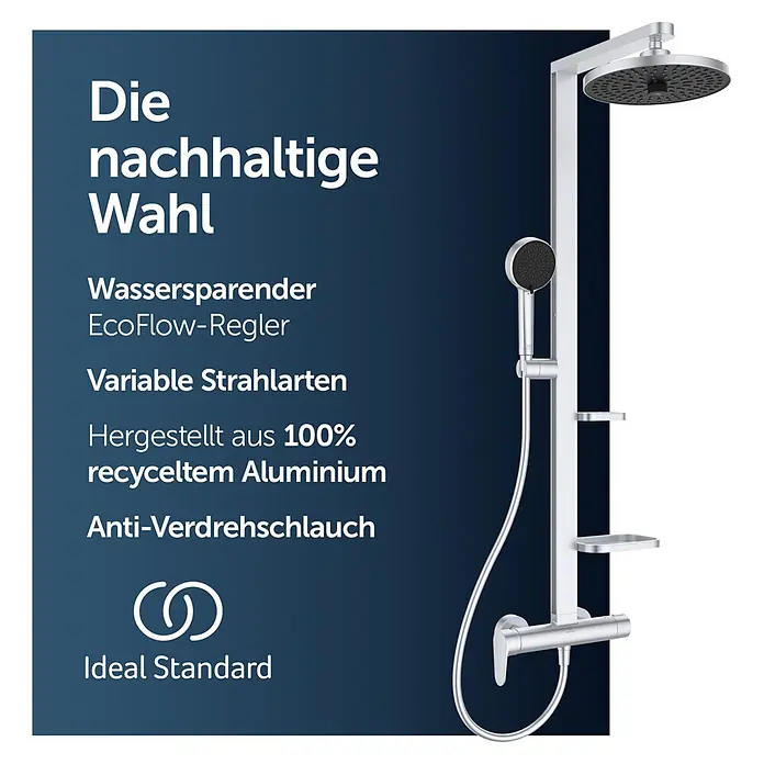Ideal Standard Alu+ Duschsystem Ceraflow BD584SI - Lochabstand: 60 cm, Anzahl Strahlarten: 2 Stk., Silber, Form Kopfbrause: Rund - Silbernes Duschsystem aus 100% recyceltem Aluminium mit großem Regenbrausekopf, Handbrause, Anti-Verdrehschlauch und Mischbatterie.