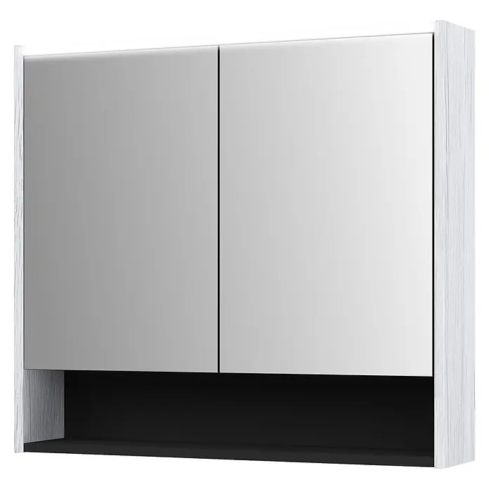 Jokey LED-Spiegelschrank Prent - B x H: 79,3 x 72 cm, Holz, Weiß Vintage - Spiegelschrank mit zwei Türen, integrierter Beleuchtung und schwarzem Ablagefach. Helle Holzoptik-Seiten.