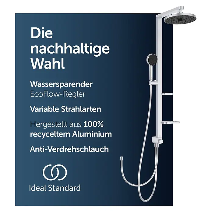 Ideal Standard Alu+ Duschsystem BD585 - Lochabstand: 600 mm, Form Kopfbrause: Rund, Silber - Ein modernes silbernes Duschsystem aus recyceltem Aluminium, mit Kopf- und Handbrause, Bedienelementen und Ablagen.