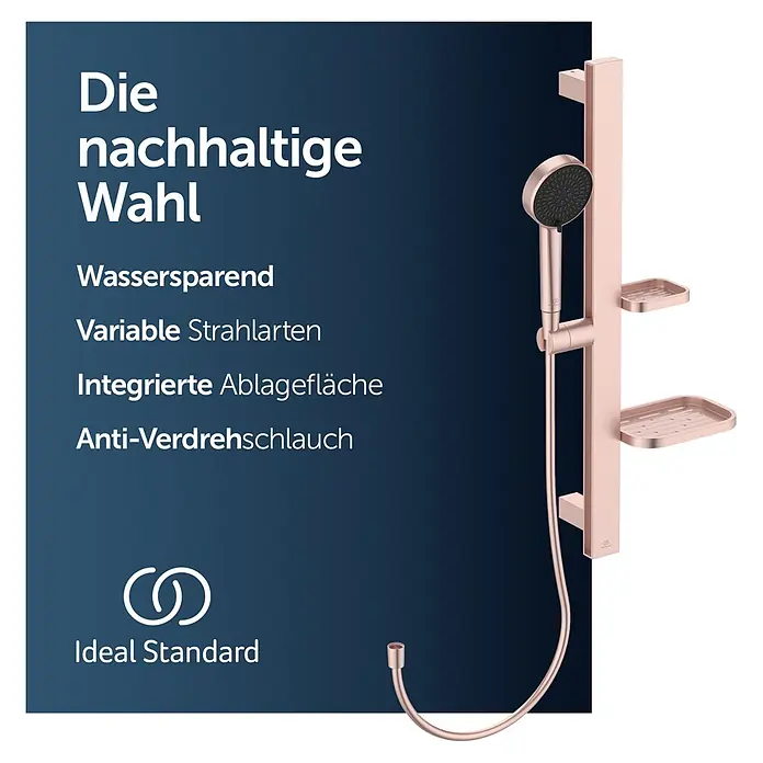 Ideal Standard Brausegarnitur Idealrain BD586 - Lochabstand: 40 cm - 50 cm, Art Strahl: SilkRain, Rain, Rosé - Roségoldenes Duschsystem mit Handbrause, Schlauch und zwei integrierten Ablageschalen.