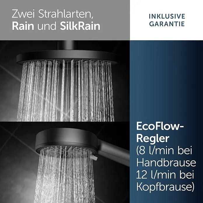 Ideal Standard Alu+ Duschsystem BD585 - Lochabstand: 600 mm, Form Kopfbrause: Rund, Schwarz - Schwarze Duschköpfe zeigen Rain- und SilkRain-Strahlarten mit Wasserfluss.