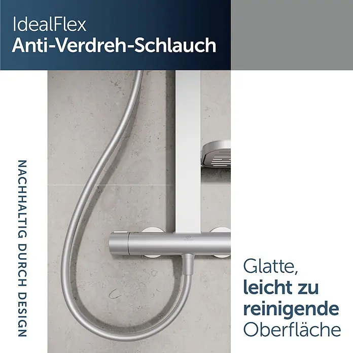 Ideal Standard Alu+ Duschsystem Ceratherm - Anzahl Strahlarten: 2 Stk., Silber - Silberner IdealFlex Anti-Verdreh-Duschschlauch mit glatter, leicht zu reinigender Oberfläche, an einem Duschmischer angeschlossen.