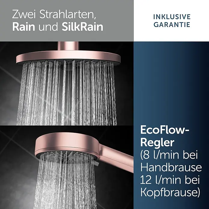 Ideal Standard Alu+ Duschsystem Ceraflow BD584RO - Lochabstand: 60 cm, Anzahl Strahlarten: 2 Stk., Rose, Form Kopfbrause: Rund - Roségoldene Kopf- und Handbrausen sprühen Wasser und zeigen Rain- und SilkRain-Strahlarten.