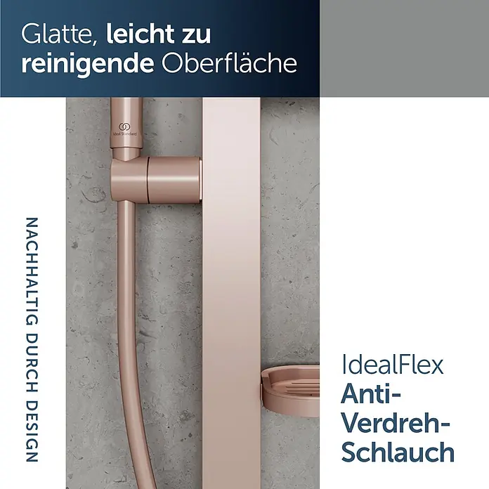 Ideal Standard Brausegarnitur Idealrain BD586 - Lochabstand: 40 cm - 50 cm, Art Strahl: SilkRain, Rain, Rosé - Kupferfarbene Duschstange mit glatter Oberfläche, verdrehfreiem Schlauch und Seifenablage.