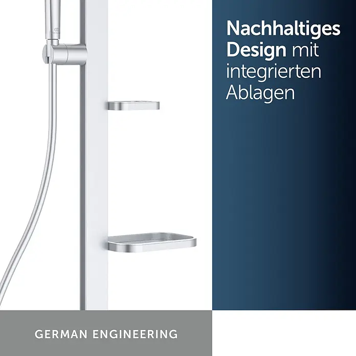 Ideal Standard Alu+ Duschsystem Ceratherm - Anzahl Strahlarten: 2 Stk., Silber - Silberne Duschstange mit verstellbarer Handbrausehalterung und zwei integrierten rechteckigen Ablagen.