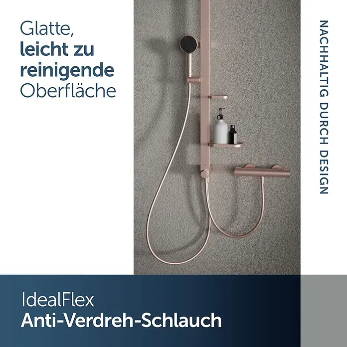 Ideal Standard Alu+ Duschsystem BD585 - Lochabstand: 600 mm, Form Kopfbrause: Rund, Rosé - Roségoldenes Duschset mit Handbrause, Stange, Ablage und Anti-Verdreh-Schlauch, mit leicht zu reinigender Oberfläche.