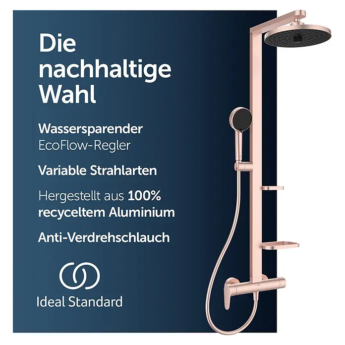 Ideal Standard Alu+ Duschsystem Ceraflow BD584RO - Lochabstand: 60 cm, Anzahl Strahlarten: 2 Stk., Rose, Form Kopfbrause: Rund - Modernes Duschsystem in Roségold mit Kopfbrause, Handbrause und Thermostat, auf Nachhaltigkeit ausgelegt.