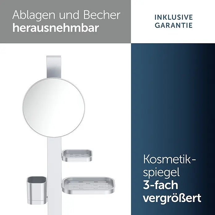 Ablagespiegel - B x H: 310,5 x 717 mm, Silber - Silberner Badständer mit 3-fach Vergrößerungsspiegel, zwei herausnehmbaren Ablagen und Becher.