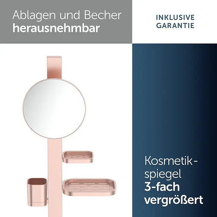 Ideal Standard Kosmetikspiegel Beauty Bar - 31 x 71,7 cm, Durchmesser: 20,5 cm, Rund, Rosa - Roségoldener freistehender Bad-Organizer mit rundem Spiegel, zwei Ablagen und einem Becher.