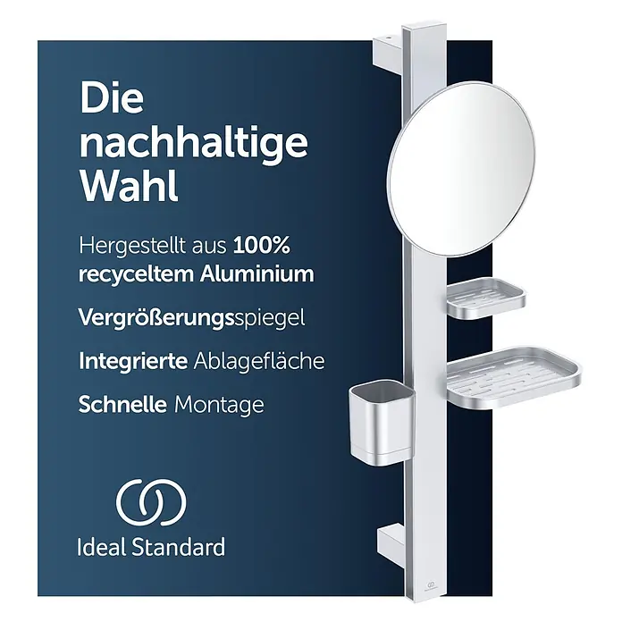 Ablagespiegel - B x H: 310,5 x 717 mm, Silber - Silberner Dusch-Organizer von Ideal Standard mit Vergrößerungsspiegel, Ablagen und Becher, aus 100% recyceltem Aluminium.