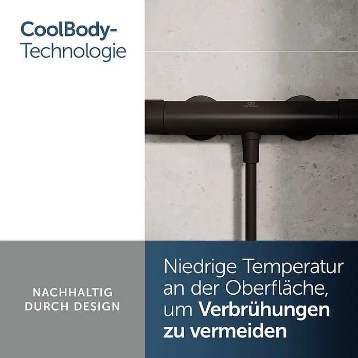 Ideal Standard Alu+ Thermostatarmatur Ceratherm - Breite: 292 mm, Schwarz - Mattschwarzer Duschthermostat mit CoolBody-Technologie für niedrige Oberflächentemperatur, verhindert Verbrühungen.