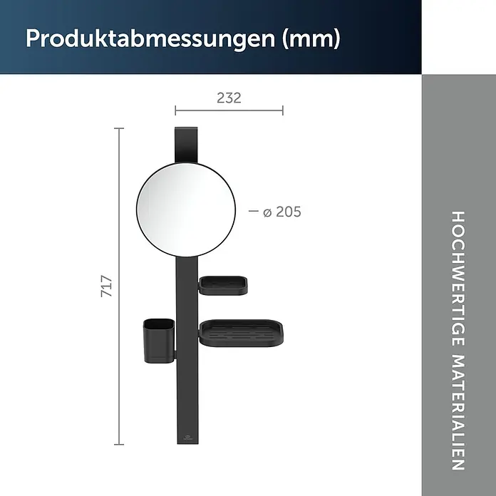 Ideal Standard Kosmetikspiegel Beauty Bar - 31 x 71,7 cm, Durchmesser: 20,5 cm, Rund, Schwarz - Schwarzer Duschorganizer mit Spiegel und Ablagen.