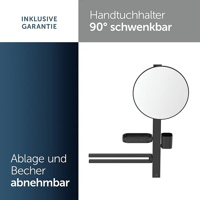 Ideal Standard Kosmetikspiegel Beauty Bar - 58 x 71,7 cm, Durchmesser: 32 cm, Rund, Schwarz - Schwarzer Multifunktions-Badorganizer mit rundem Spiegel, zwei 90° schwenkbaren Handtuchhaltern, abnehmbarer Ablage und Becher.