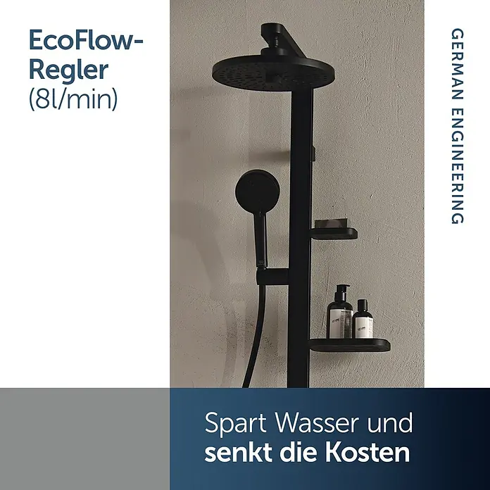 Ideal Standard Alu+ Handbrause Ideal Rain - Durchmesser: 10 cm, Schwarz - Ein modernes schwarzes Duschsystem mit großer Kopfbrause, Handbrause und integrierten Ablagen vor einer strukturierten Wand.