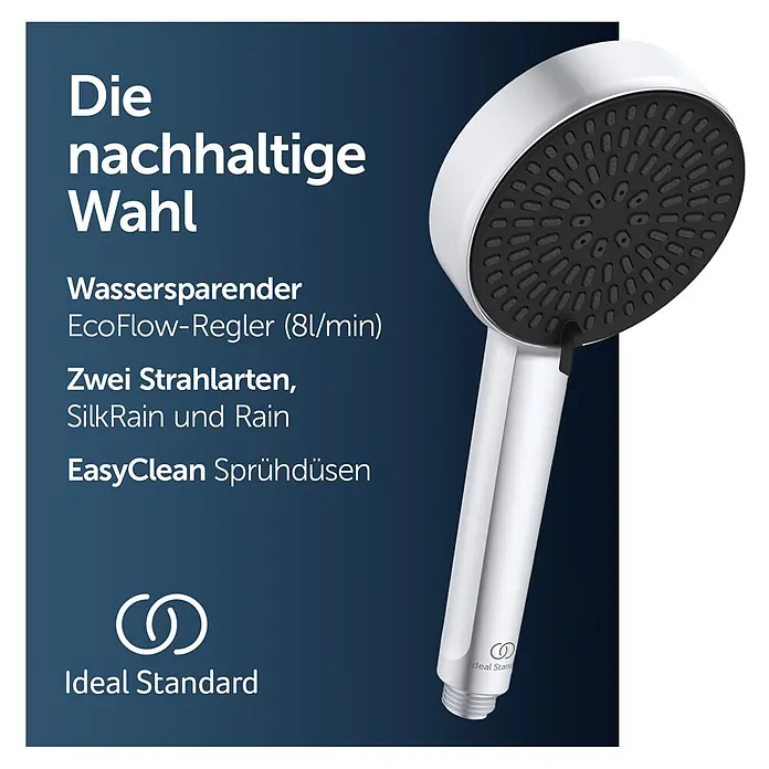 Ideal Standard Alu+ Handbrause Ideal Rain - Durchmesser: 10 cm, Silber - Eine weiße und verchromte Ideal Standard Handbrause mit schwarzer Strahlscheibe und Wassersparfunktion.