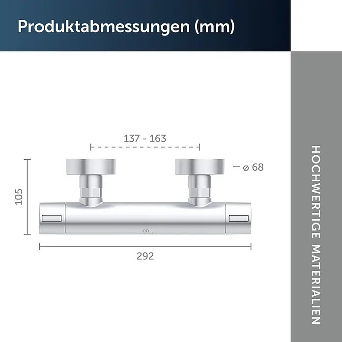 Ideal Standard Alu+ Thermostatarmatur Ceratherm - Breite: 292 mm, Silber - Verchromter Wand-Duschmischer mit Maßen: 292mm Breite, 105mm Höhe, 137-163mm Tiefe, Ø 68mm.