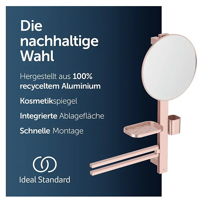 Ideal Standard Kosmetikspiegel Beauty Bar - 58 x 71,7 cm, Durchmesser: 32 cm, Rund, Rosa - Roségoldenes Kosmetikspiegel-Set aus 100% recyceltem Aluminium mit integrierter Ablagefläche und Becherhalter.