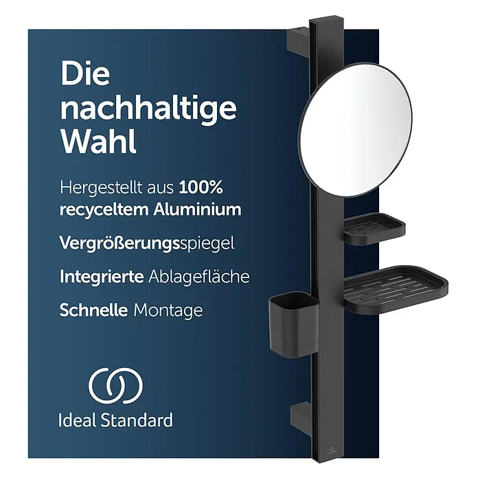 Ideal Standard Kosmetikspiegel Beauty Bar - 31 x 71,7 cm, Durchmesser: 20,5 cm, Rund, Schwarz - Schwarzer Duschorganizer aus 100% recyceltem Aluminium mit Vergrößerungsspiegel, integrierten Ablagen und Halterung.