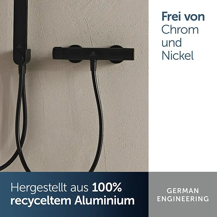 Ideal Standard Alu+ Thermostatarmatur Ceratherm - Breite: 292 mm, Schwarz - Schwarzes Duschsystem aus 100% recyceltem Aluminium, frei von Chrom und Nickel. Deutsche Ingenieurskunst.