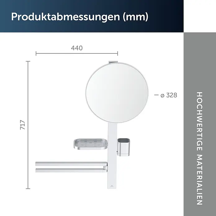 Ideal Standard Alu+ Ablagespiegel - B x H: 600 x 717 mm, Silber - Silbernes Multifunktions-Badregal mit Spiegel (Ø328mm), Seifenschale, Zahnbürstenhalter und zwei Handtuchstangen. Maße: H717mm x B440mm.