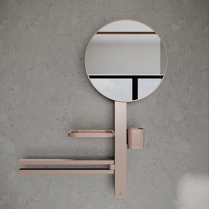 Ideal Standard Kosmetikspiegel Beauty Bar - 58 x 71,7 cm, Durchmesser: 32 cm, Rund, Rosa - Roségoldener Badezimmerspiegel mit integriertem Regal, Becherhalter und Handtuchstangen.
