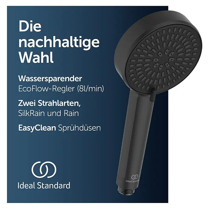 Ideal Standard Alu+ Handbrause Ideal Rain - Durchmesser: 10 cm, Schwarz - Schwarzer Ideal Standard Duschkopf mit Wassersparfunktion und EasyClean Düsen.