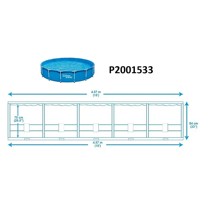 Piscina Frame Summerwaves - Ø x Al: 457 x 84 cm, Azul, 12.000 l - Piscina redonda azul elevable con diagrama de dimensiones: 4,57m de diámetro, 84cm de altura, 75cm de nivel de agua.